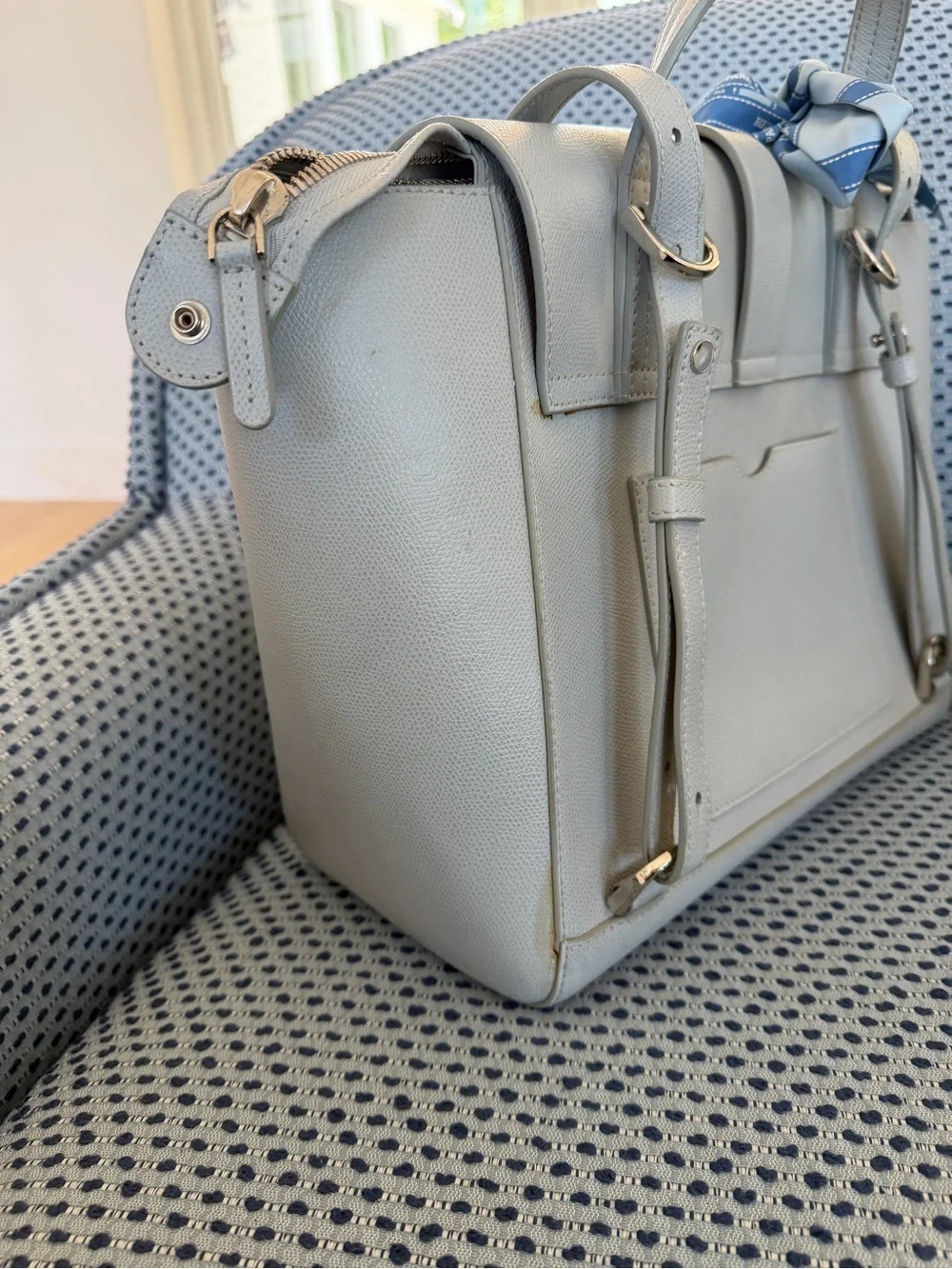 Senreve Pebbled Leather Tote in Light Gray with Blue Scarf